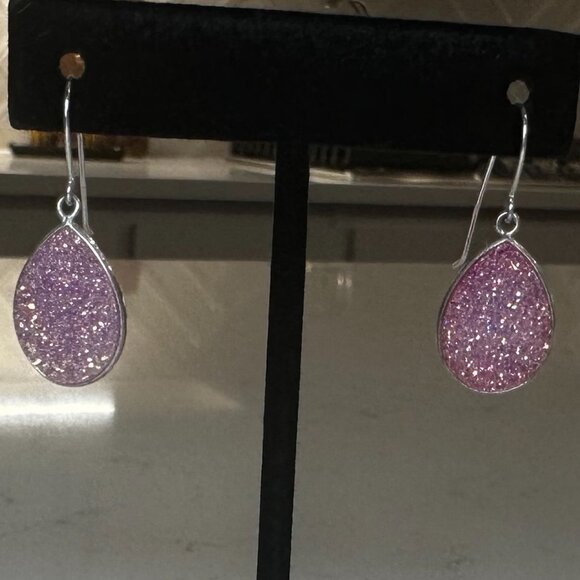 Pink Drusy Teardrop Earrings Sterling Silver - Glitter/Sparkle/Party - Picture 2 of 5